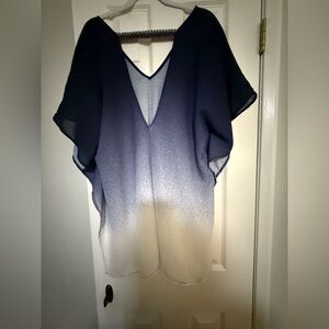 Blue and White Ombre V-Neck Blouse